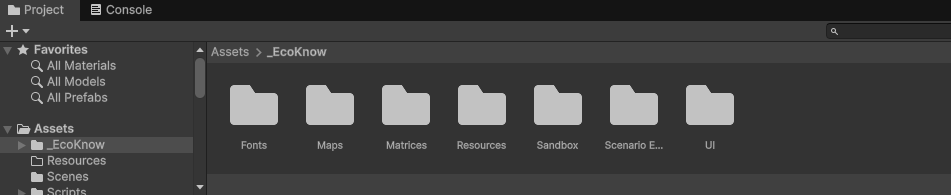 Figure 2: Project tab in Unity with several subfolders inside a folder called ’_EcoKnow’, which is inside a folder called ‘Assets’.