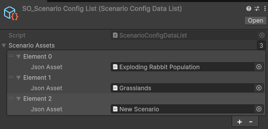 Figure 8: Panel in the right of Unity showing scenarios available (i.e., levels to play) in an EcoKnowGames game. The three elements shown in Scenario Assets will become levels to a deployed game: Exploding Rabbit Population, Grasslands, and New Scenario. Scenarios can be added or removed with the plus and minus buttons in the lower right.