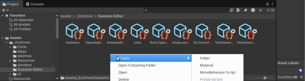 Figure 3: Bottom panel of the EcoKnowGames Scenario Editor in Unity showing several scenarios. A pull-down window is shown where the cursor has been right-clicked in the centre.