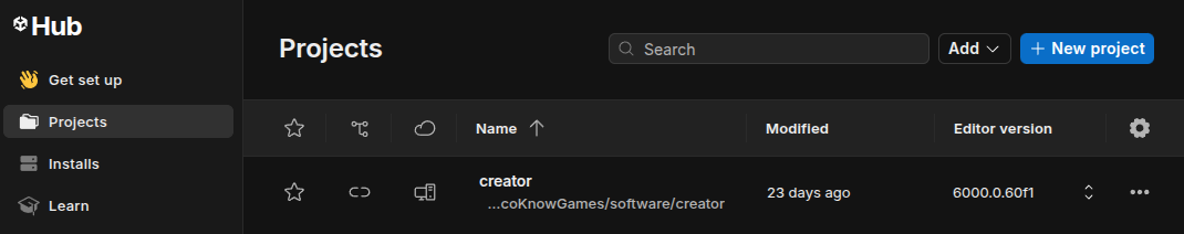 Figure 1: Screenshot of Unity Hub with EcoKnowGames creator tool listed under available projects.