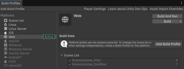 Figure 9: Unity list of build platforms for deploying an EcoKnowGame game. In the below, games can be built for Linux, Linux Server, iOS, and the Web. Options not currently available (and needing to be installed) include macOS, Windows, Windows Server, macOS Server, Android, tvOS, and visionOS.