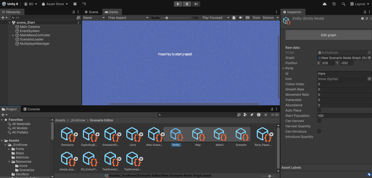 Figure 4: Unity Scenario Editor is open. By clicking the ‘Entity’ icon in the bottom middle panel, options for modifying the entity are available in the panel on the right. To return to xNode, you can click the ‘Edit graph’ button in the right panel.