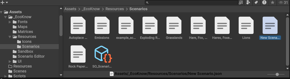 Figure 7: EcoKnowGames Scenarios saved as JSON files and shown in the bottom panel of Unity with a ‘New Scenario’ highlighted.